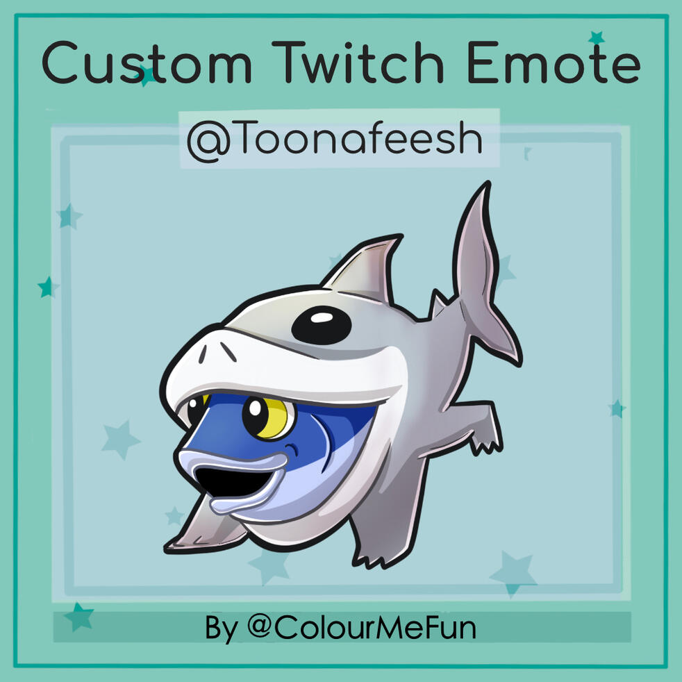 Custom Twitch emote for Toonafeesh of his mascot (a tuna fish) dressed up as Jeff the Land Shark.