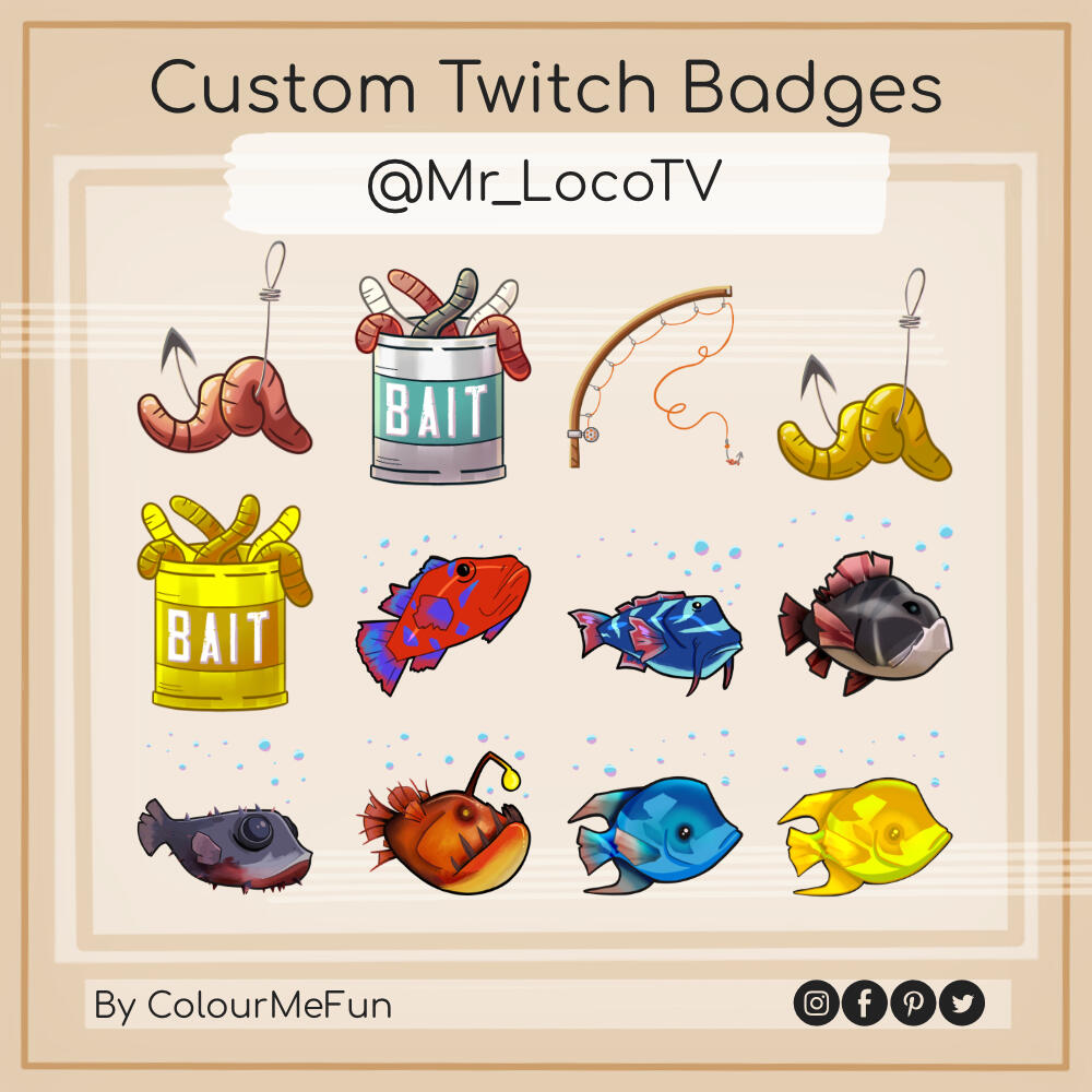 Custom Twitch sub badges in the them of the fish from Sea of Thieves.